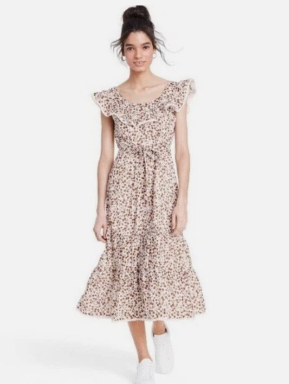 RIXO Floral Sleeveless Scoop Neckline Ruffle Midi Dress Y2K Cottagecore Crochet